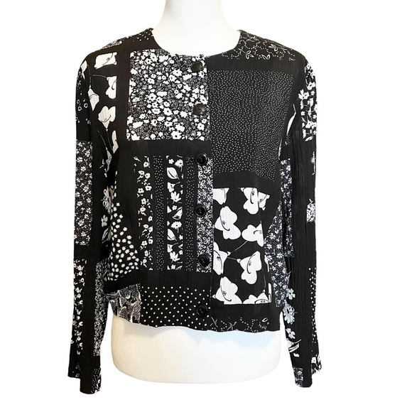 Vintage Floral Print Button Down LongSleeve Shirt Jacket Black Size Small Petite - Picture 1 of 7